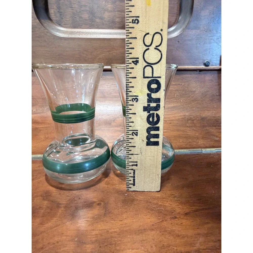 Vintage Hand Blown Glass Bud Vases Pair Green Banded Clear Hourglass 4 Inch